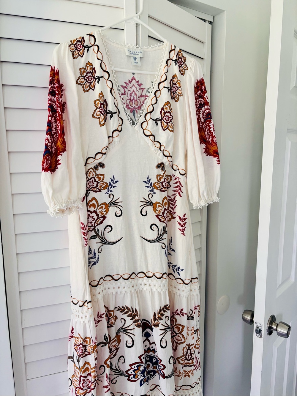 Calypso St. Barth Cream Maxi Dress with Red, Blue & Brown Floral Embroidery